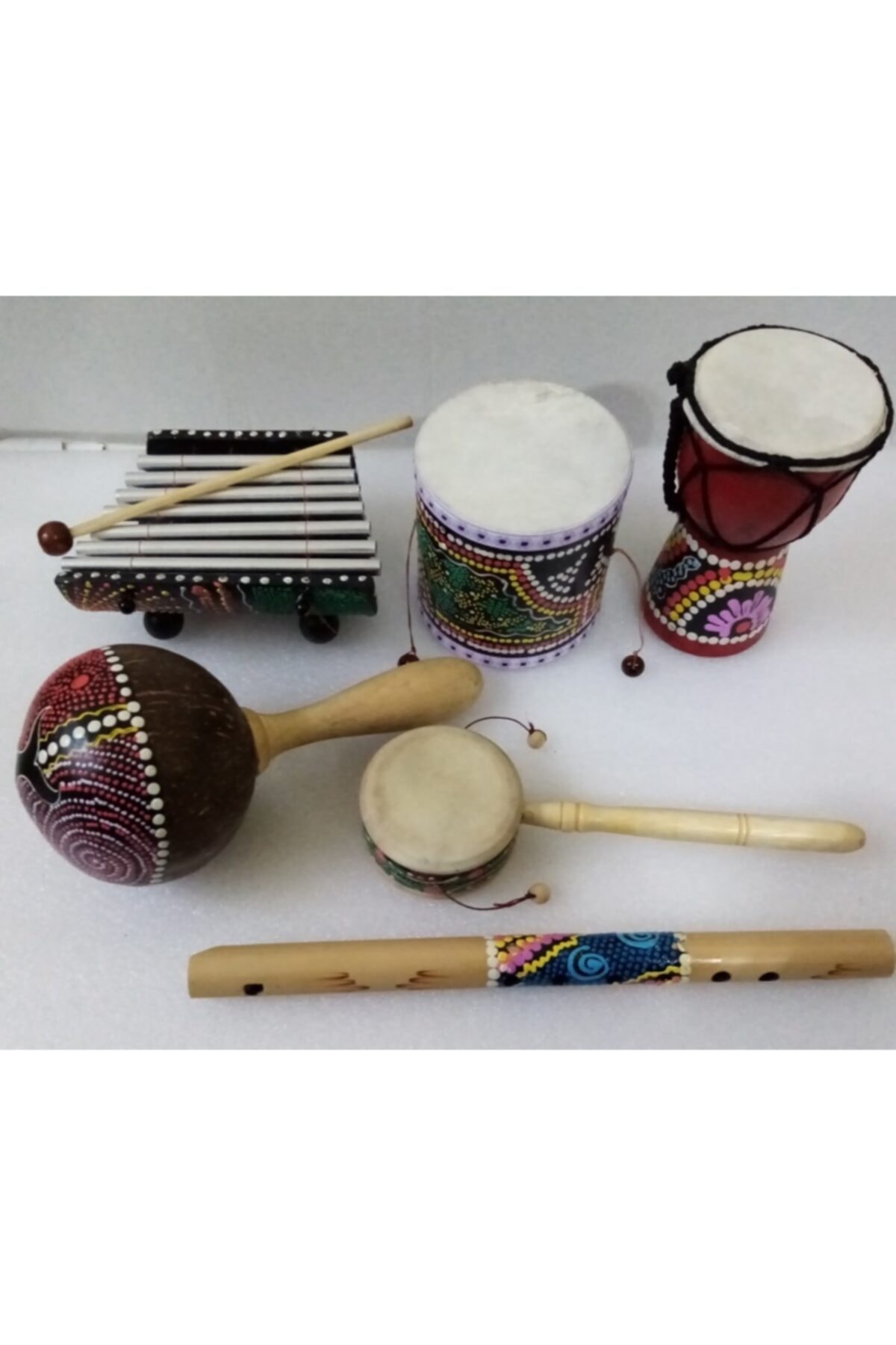 Aboriginal 6 Piece Wooden Musical Instruments Set, arbuka dimensions: 15x10 cm. Metalafon 15x9 cm. Drum 10x10 cm.