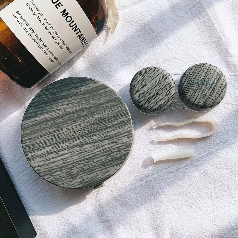 Natural series Round contact lens case with mirror storage box Lens container Imitation wood grainEye contacts case: Dark Grey