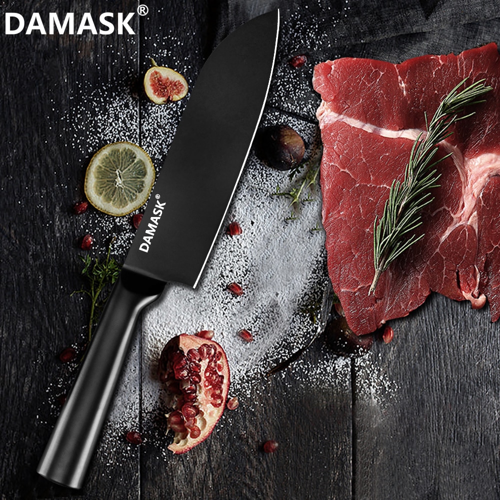 Damask rustfrit stål køkkenkniv sæt sort farve kok hakke nakiri slagter knive sæt 4 cr 14 mov kogekniv