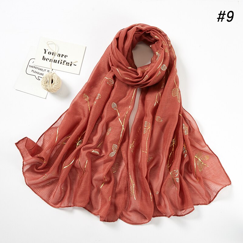 Heißer stanzen Gold Blatt aufbringen Hijab Schal Beliebte funkeln Blumen- Muslimischen Stirnband Kopf Wickeln Frauen Islamischen Schleier Turban Lange Schal: 9 Rost rot