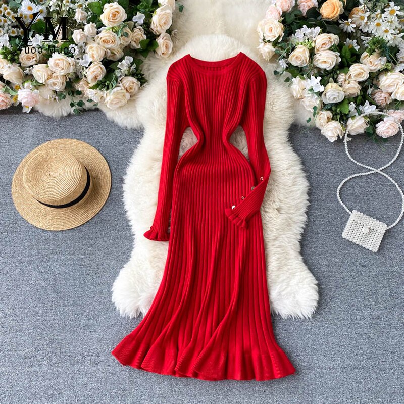 Yuoomuoo Vrouwen Gebreide Lange Jurk Herfst Winter Slanke Lange Mouwen Omzoomd Dames Jurken Elegante Partij Vrouwelijke Rode Trui Jurk