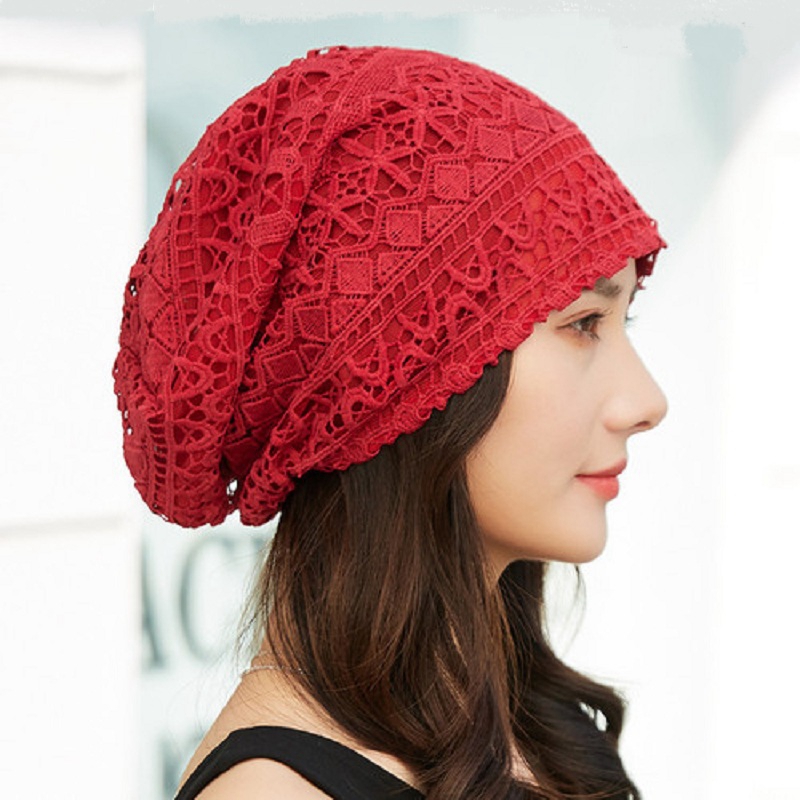 Damskie czapki wiosna lato cienkie czapeczki dla kobiet projektant koronki kwiat skullies chustka na głowę kapelusz jesień najnowsze czapki turban: 5