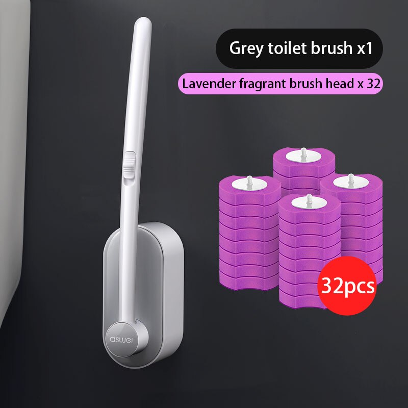 Escobilla para inodoro desechable, herramientas de limpieza sin ángulo muerto, cepillo limpiador de mango largo para el hogar, accesorios de baño para inodoro: 32pcs Lavender Grey