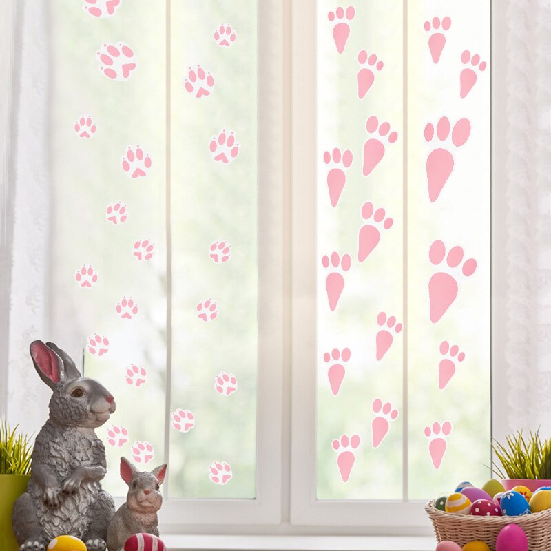 3 Sheets Cute Cartoon Rabbit Wall Stickers Decorative Pink Bunny Footprints Wall Window Decal For Easter Home Party Supplies
