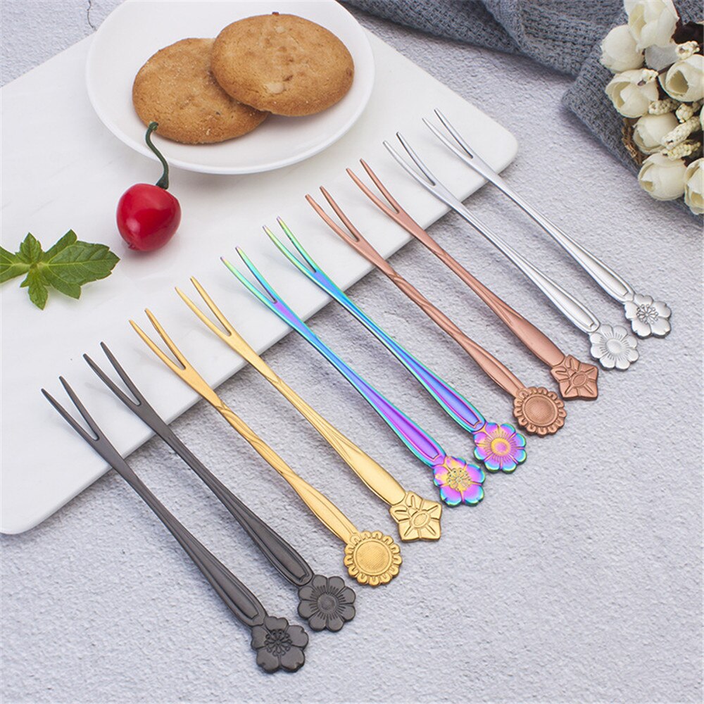 Tenedor de fruta de dos dientes de acero inoxidable forma de flor tarta postre tenedor suministros accesorios de vajilla de cocina