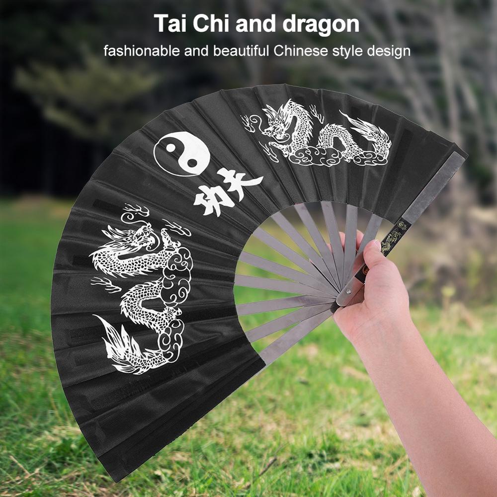 Chinese Kung Fu Vouwen Fan Wushu Dragon Rvs Frame Tai Chi Vechtsport 3 Kleur Beschikbaar