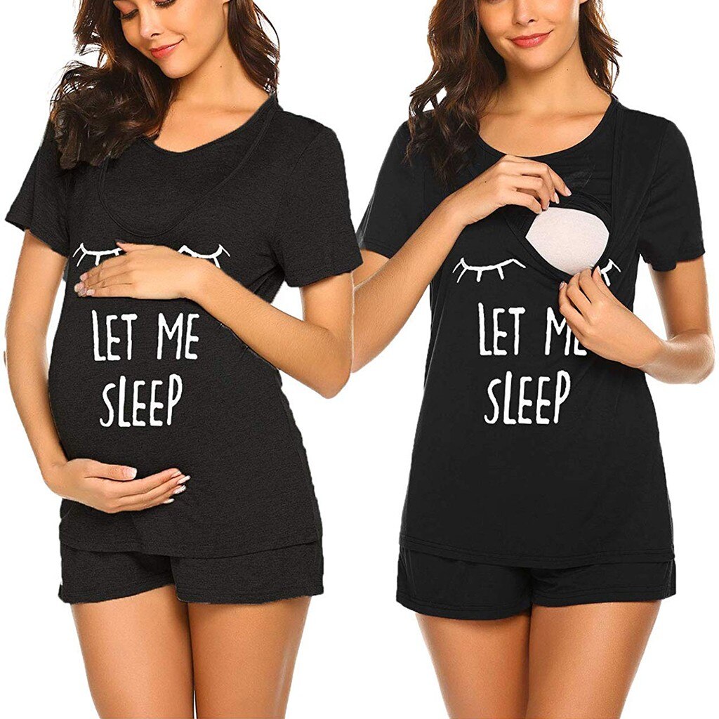 Maternity Clothes Short Sleeve Cute Print Breastfeediing T-shirt Tops+adjustable Shorts Set Nursing Pajamas Sleepwear Nightgown