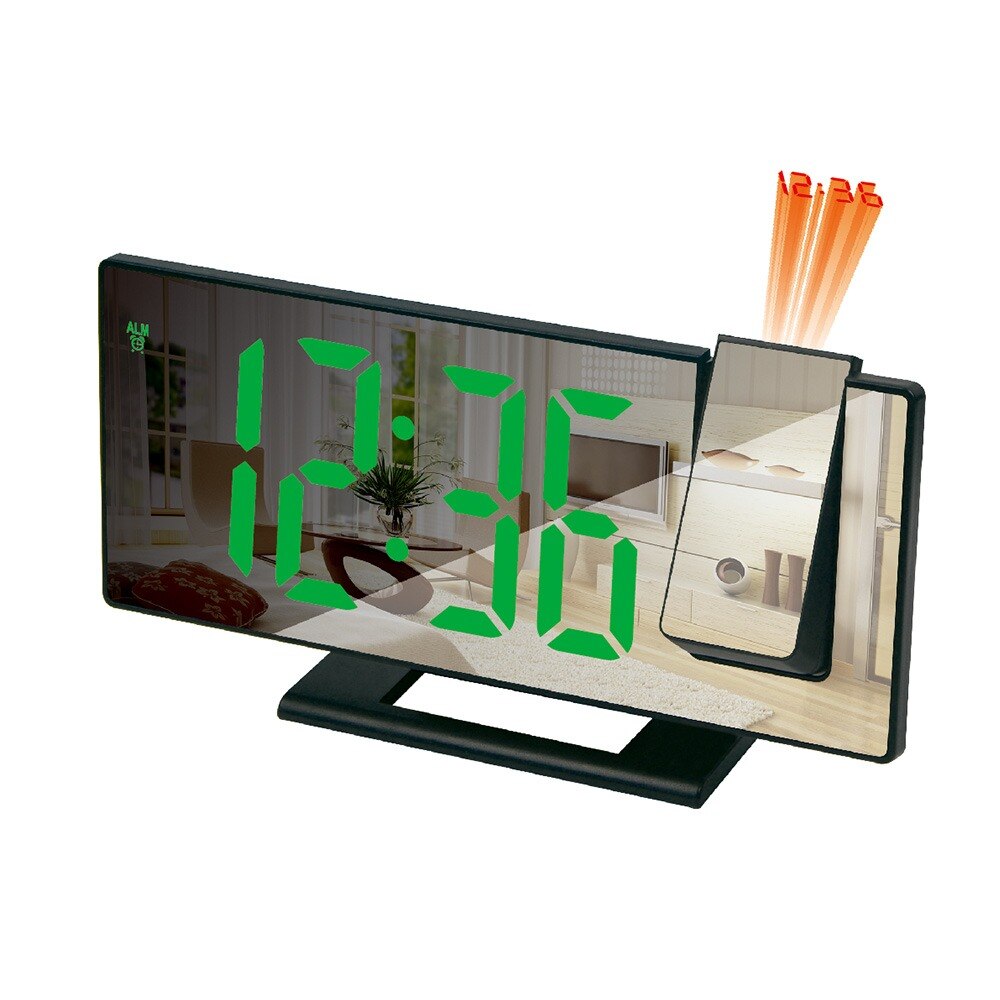 Reloj Digital de despertador con efecto espejo y luz LED para mesilla de noche y dormitorio, Despertador con USB, Radio FM, proyector de tiempo, reloj para mesilla de noche y dormitorio: B-black green