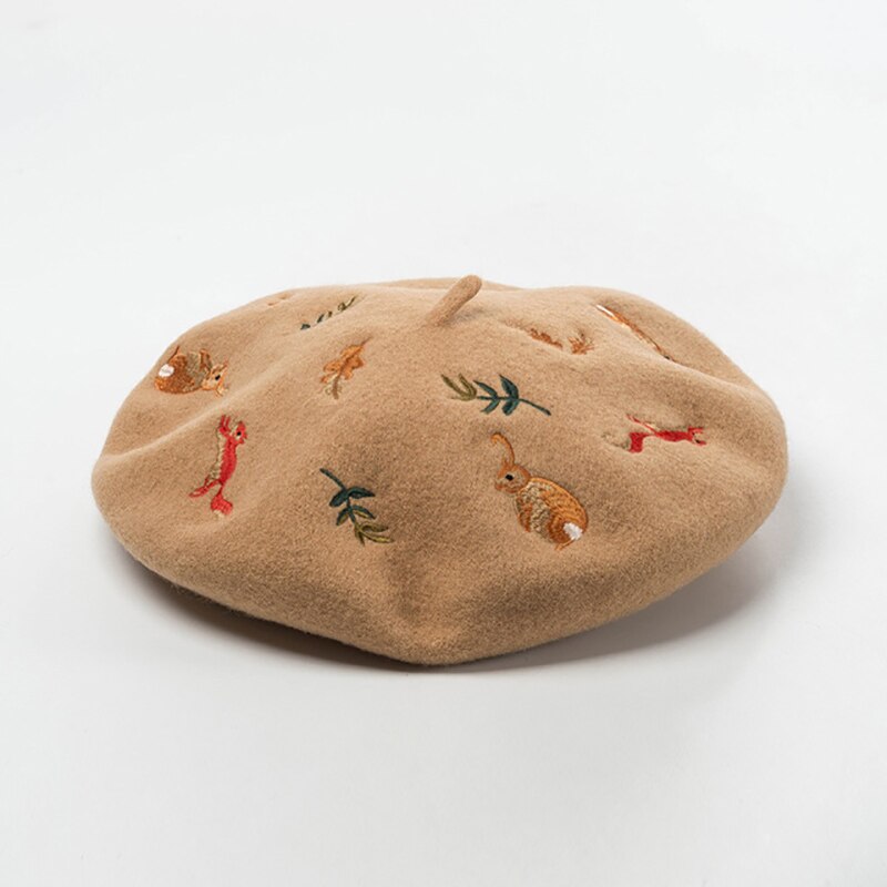 Boina bordada con hojas de ardilla y conejo Mori para mujer, gorro de lana de Cachemira, cálido, a la , para artista francés, Invierno: 3