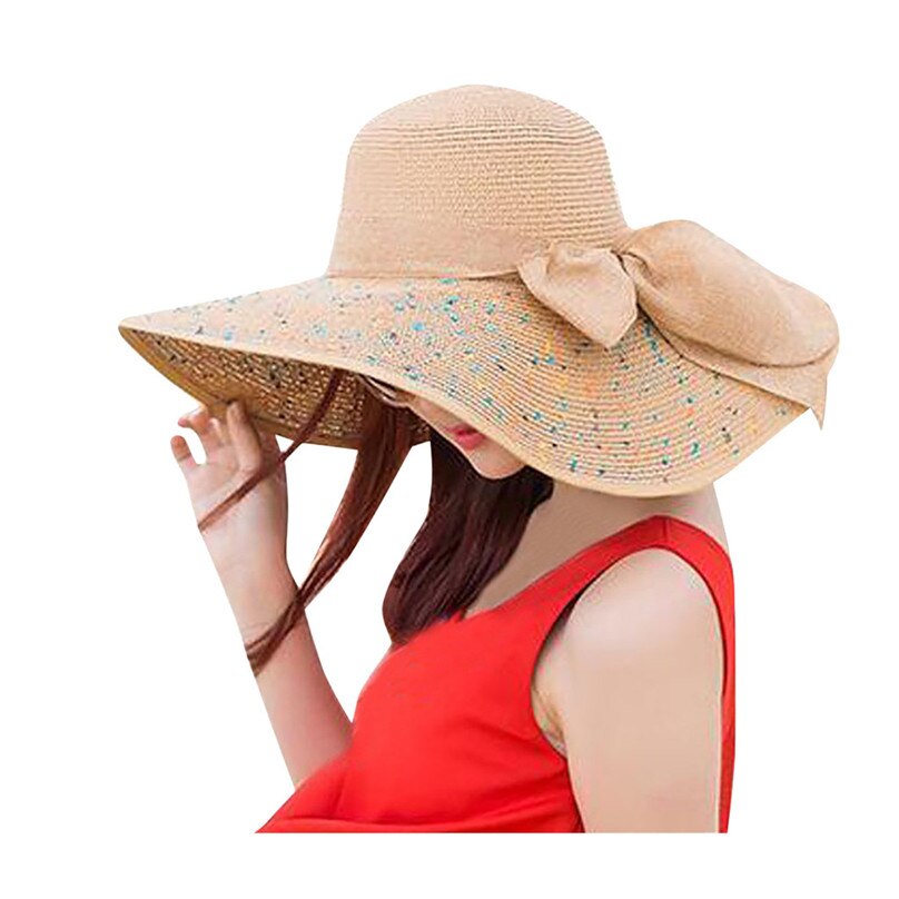 Kvinder farverige strå-sløjfehat med stor skygge solfloppy brede skyggehatte solsejl kasket strandsportshat  #4 m 12: Khaki