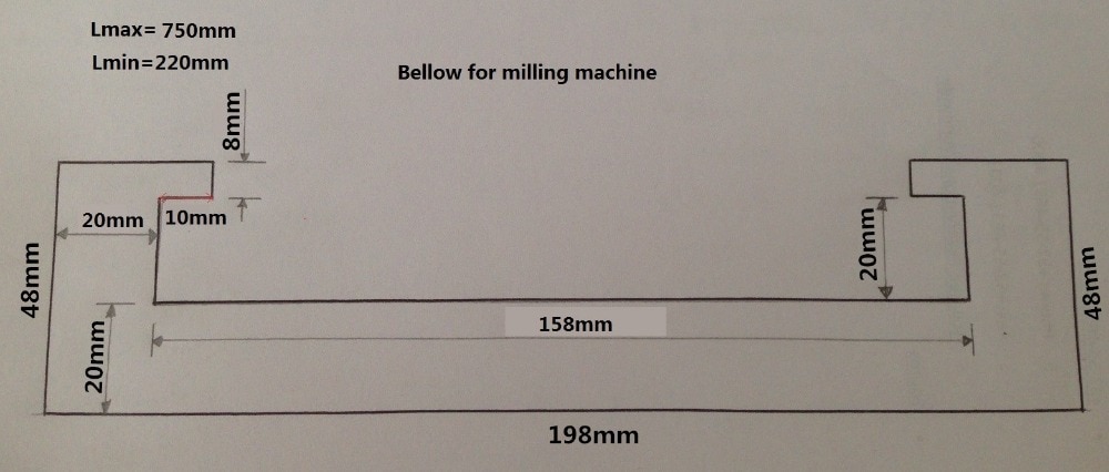 Soufflet pour fraiseuse, W198mm x H48mm, Lmax 750mm