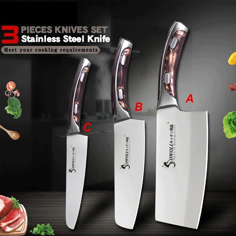 3Pcs/Set Chinese Chef Knife Set Stainless Steel Utility Kitchen Knife Meat Fish Vegetables Slicing Sharp Kitchen Knives Set: 3Pcs Set
