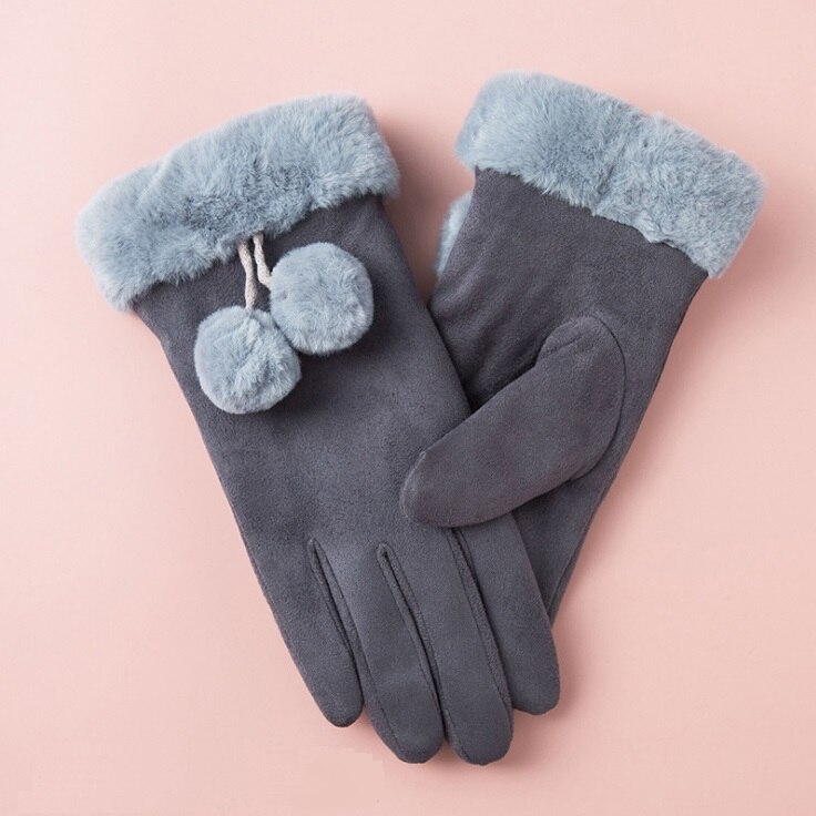 luxe daim gants mitaines doigt complet mitaines droite Index doigt écran gant velours épais femmes hiver: grey with fur ball