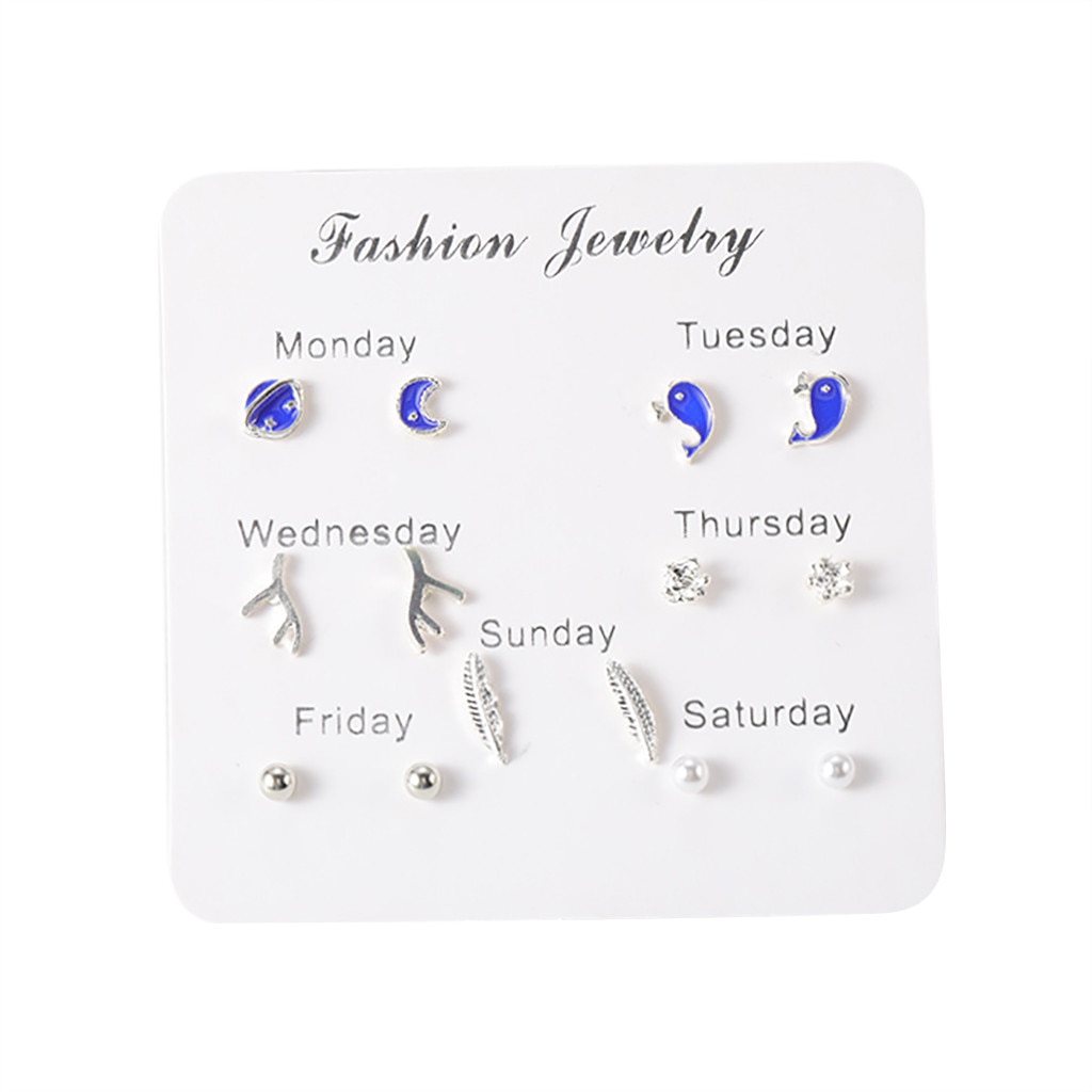 Women Heart Star Mini Earrings Set Girl Small Jewelry Square Leaf Pearl 6-pairs Stud Earring Sets Lady Mini Jewelry