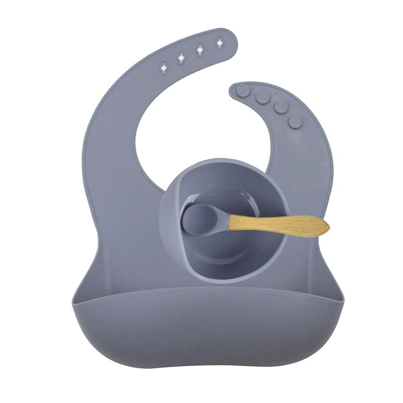 Bpa Gratis Baby Siliconen Servies Waterdichte Bib Flexibele Speeksel Handdoek Effen Kleur Sucker Kom En Lepel Voor Childre: Dark Gray