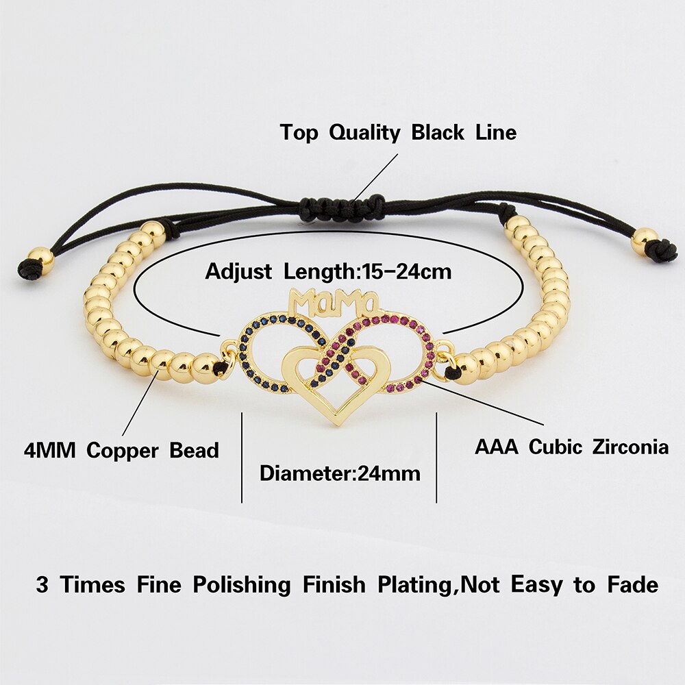 Ręcznie wykonana bransoletka z koralikami w kształcie serca regulowane bransoletki mama wysokiej jakości miedź cyrkonia biżuteria prezent dla kobiet mama