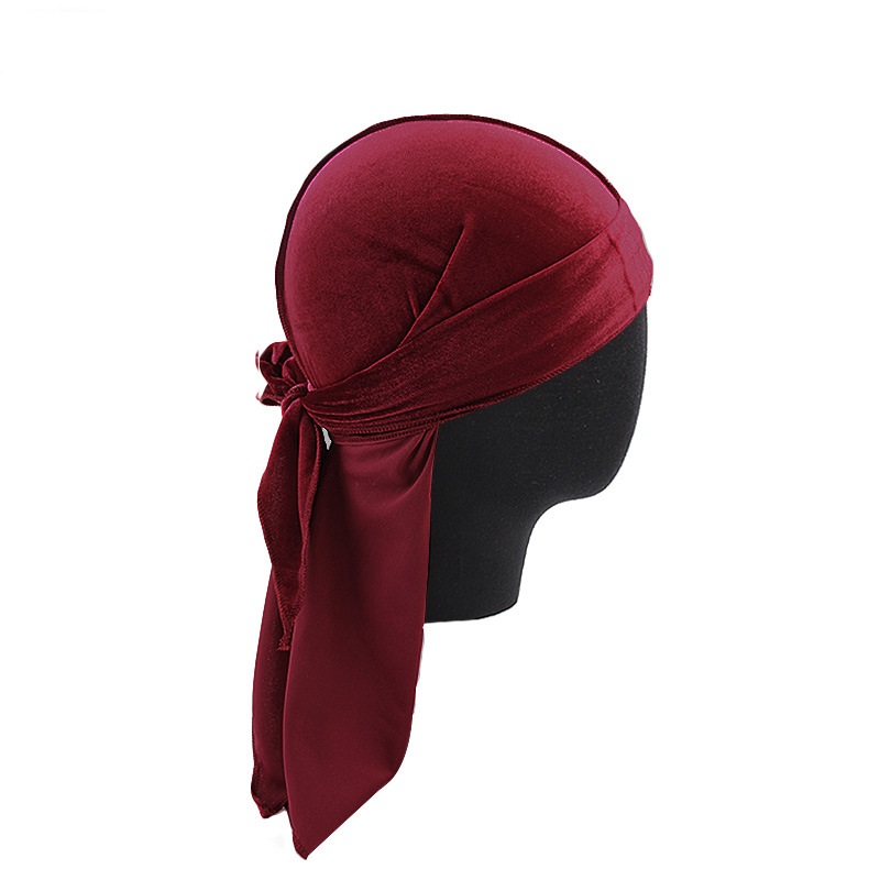 Unisex Velvet Durags Bandana Turban Hat Men Women Breathable Warm Long Tail Doo Rag Durags Pirate Hat Hip Hop Headband: wine red