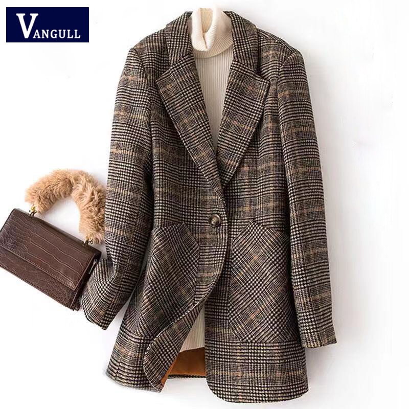 Vangull Mode Herfst Vrouwen Plaid Blazers Plus Size Single Button Tops Kantoor Dame Pak Slanke Vrouwelijke Blazers Jas