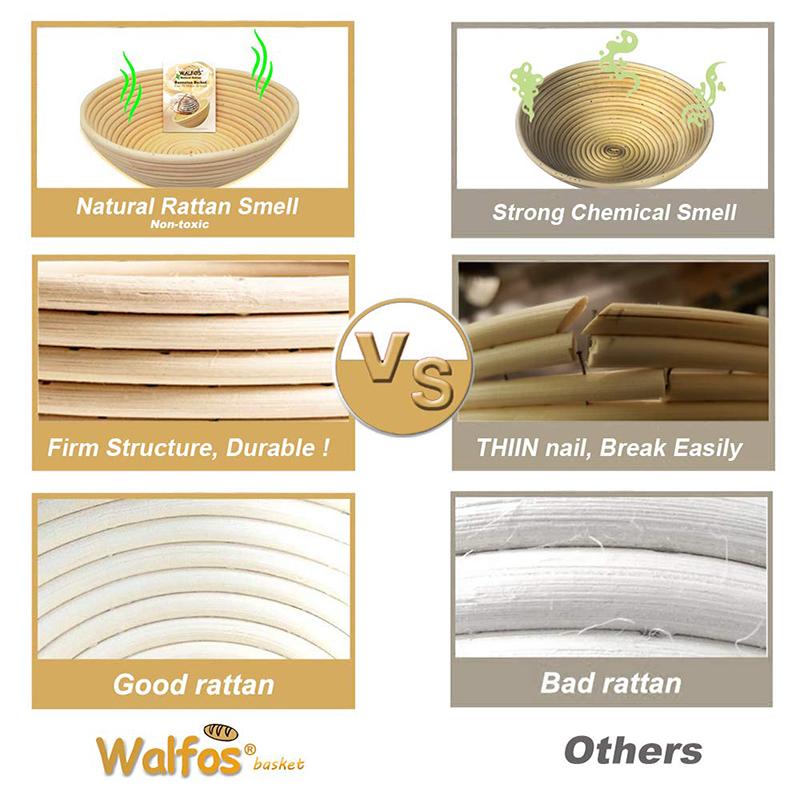 WALFOS panier en osier de Fermentation en rotin naturel, Baguette de campagne, pain français, pâte à pain, paniers Banneton