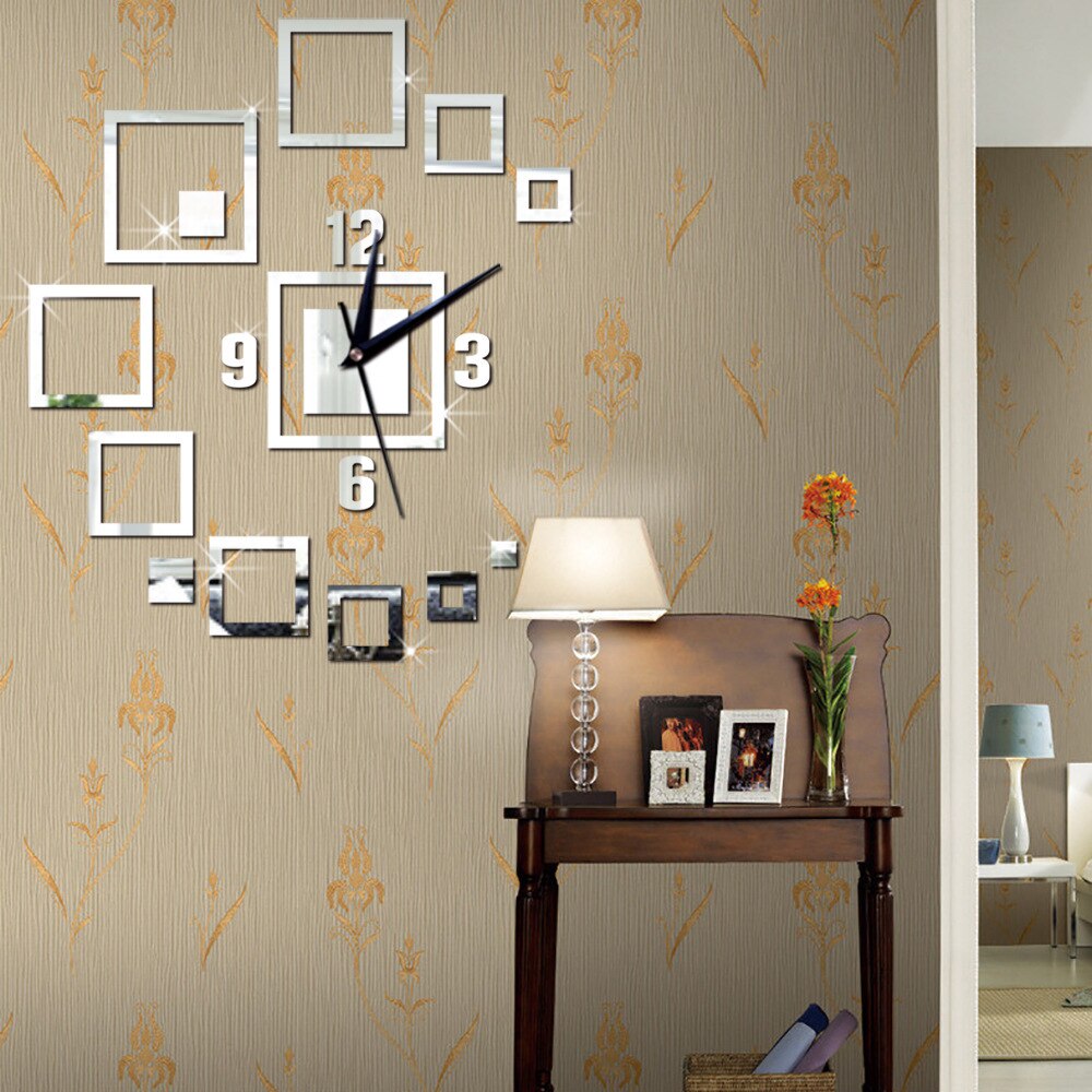 DIY Mirror Wall Clock Square Mirror Clock Stereo Acrylic Living Room Wall Clock Decoration Mute Clockwise