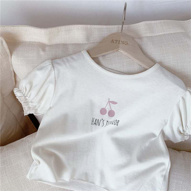 Kinderkleding Zomer Meisjes Koreaanse Zomer Print Cherry Korte Mouwen T-shirt: Beige / 110cm