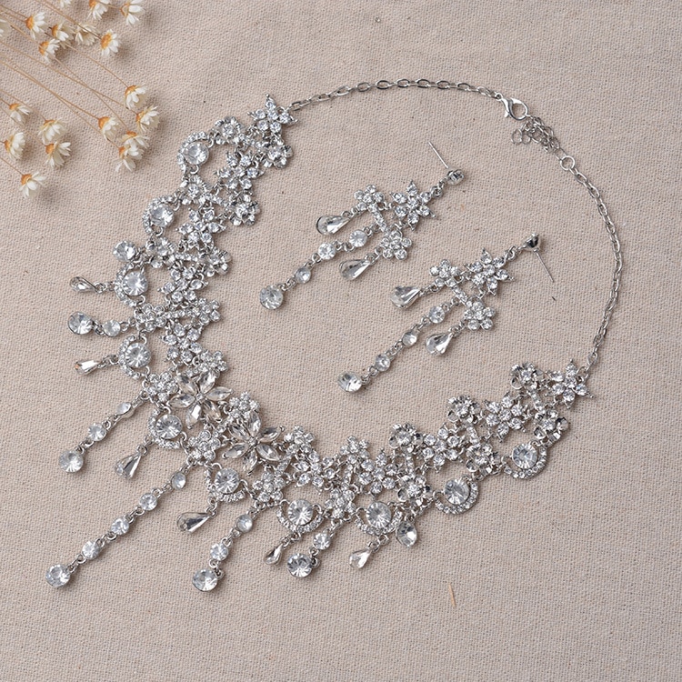 Luxo cor de prata flores de cristal conjunto de jóias de noiva para mulheres colar de declaração brinco strass tiara acessórios de casamento