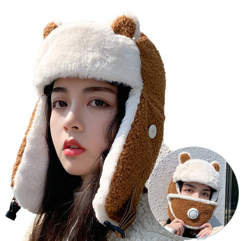Women Cartoon Bear Ears Winter Trooper Trapper Hat with Removable Dustproof Face Mask Thermal Fleece Lining Earflap Cap: BN
