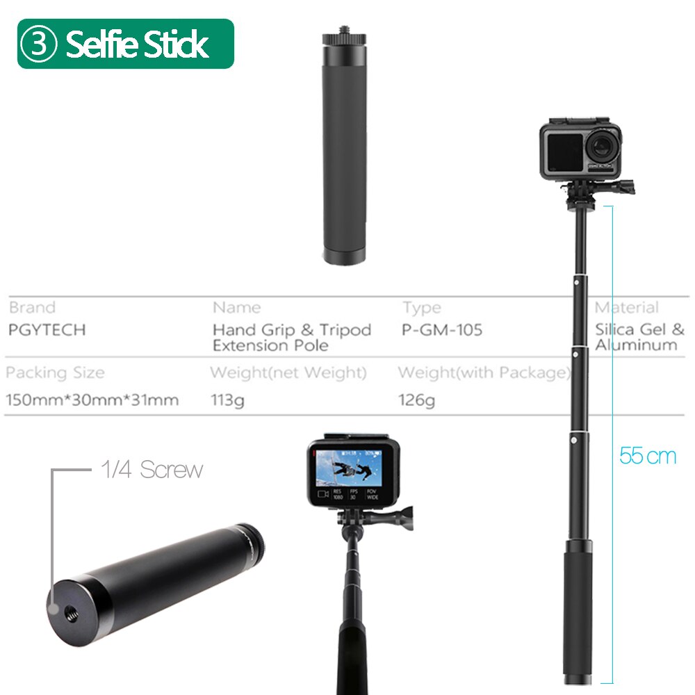 PGYTECH DJI Osmo Action Tripod Selfie Stick 1/4 Mount Hand Grip & Tripod for DJI OSMO ACTION Camera Accessory
