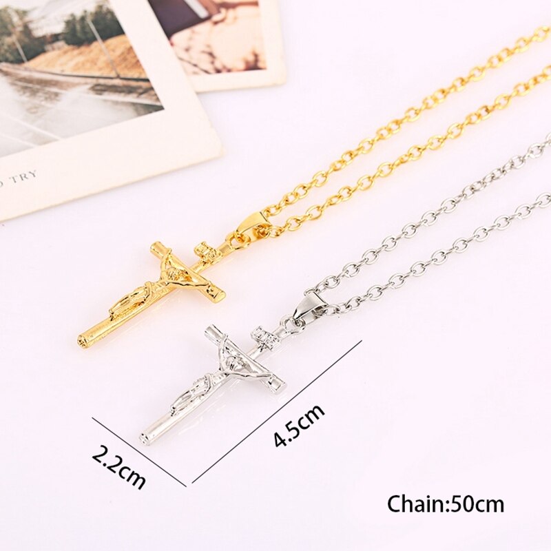 Religiös kristen gud kors krucifix hänge halsband för män kvinnor guld/slimpläterad jesus länkkedja smycken