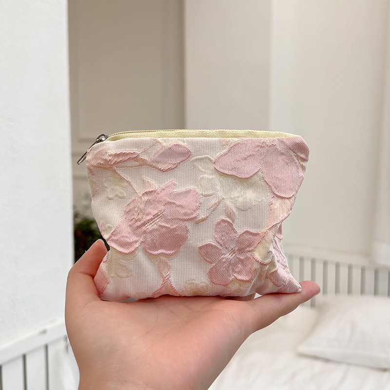 Ins Small Coin Purse Pouch Mini Wallet Printed Lipstick Key Women Sanitary Napkin Storage Bag Fabric Zipper Makeup Organizer: Beige