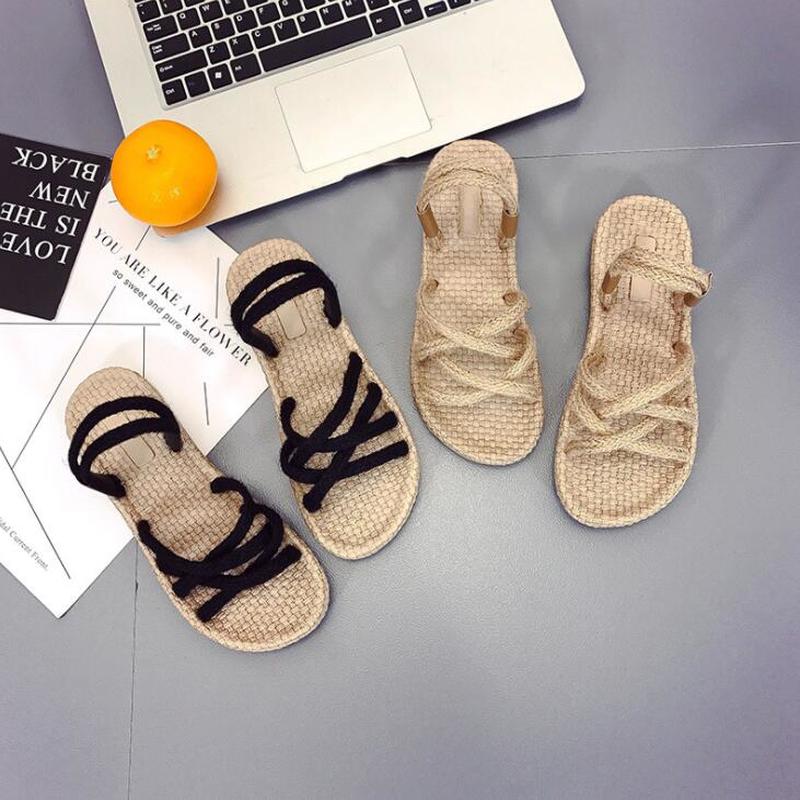 YEELOCA Hanf Seil Kreuz-krawatte Frauen Unterhose-an Strand Sandalen Pumps schneiden-aus Hausschuhe Frauen Schuhe Wohnungen zandalias De Verano Mujer