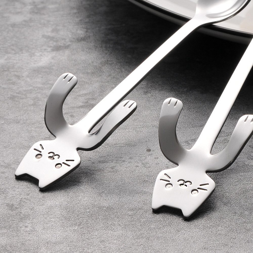 Stainless Steel Cat Spoon Long Handle Flatware Coffee Tea Spoon Seasoning Drinking Tools Hanging Up Teaspoon Kitchen Gadgets
