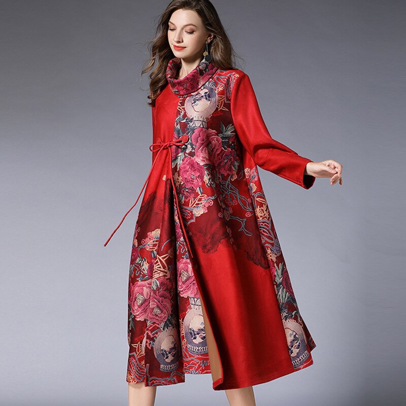 Robes d'hiver femmes grande taille robe orientale rouge col haut manches longues robe en daim Midi élégantes robes chinoises AA4441: 1 / XL