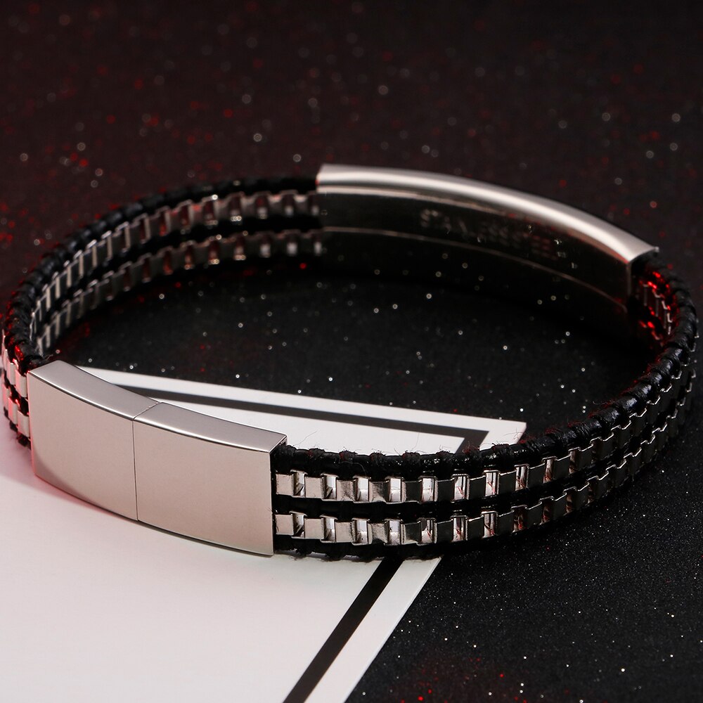 Friendship Bracelets Double Layer Stainless Steel & Leather ID Bracelet For Men Name Logo Engrave Engagement For Boyfriend