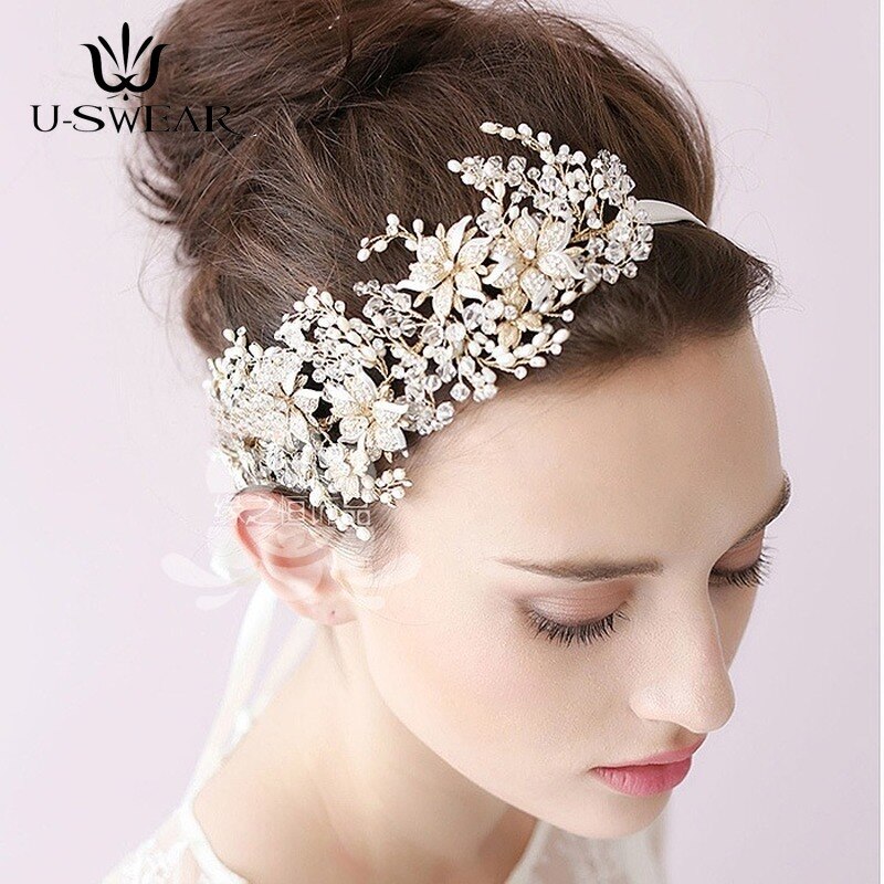 Tocado de novia hecho a mano, tocado de cristal dorado, joyería para el pelo, Tiara para la cabeza para novia, accesorios para el pelo para desfile de Graduación
