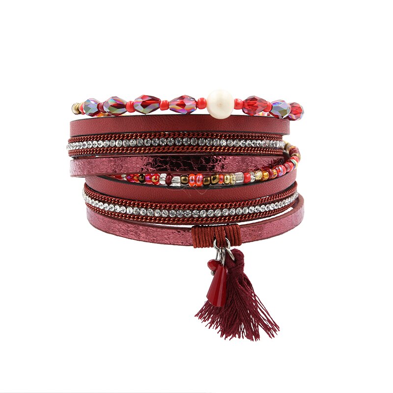 Armband PU Lederen Armbanden &amp; Armbanden Voor Vrouwen Pulseira Kristal Set Kralen Onregelmatige Parel Stof Kwastje Wrap Pols Band Grey