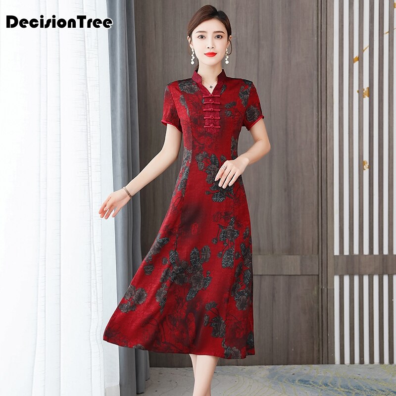 red chinese wedding party bride qipao print flower women evening dress oriental retro show cheongsam