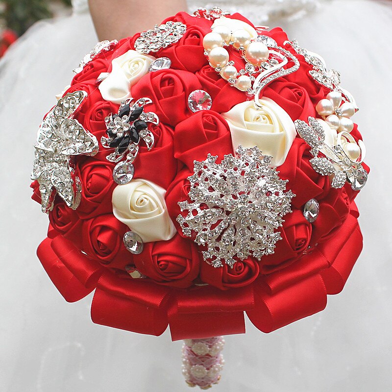 JaneVini Luxury Beaded Red Wedding Bouquets for Brides Satin Rose Mariage Crystal Brooches Rhinestones Pearls Bridal Bouquet
