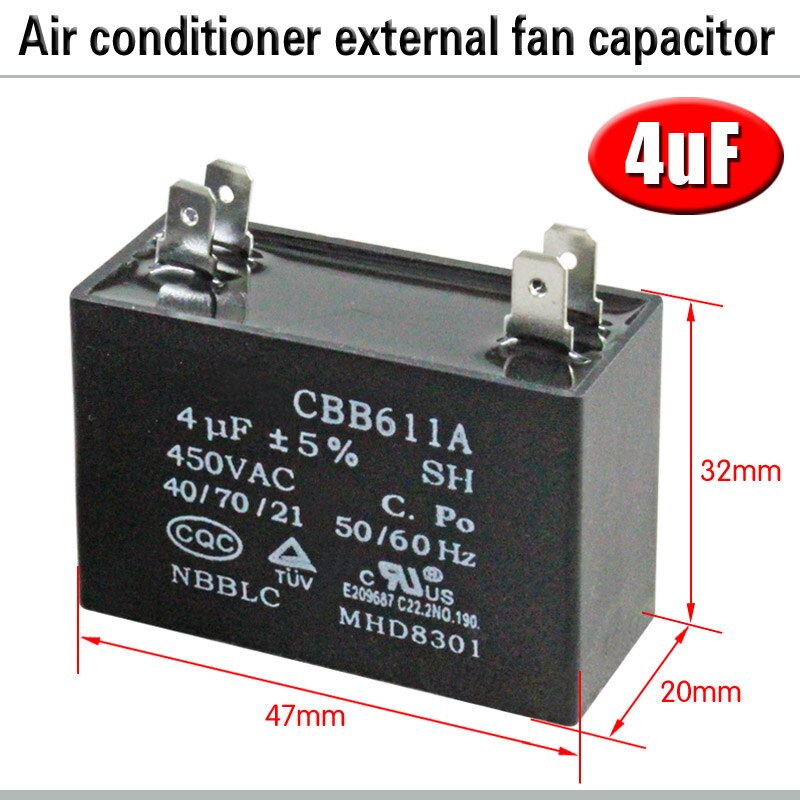 CBB61 Airconditioner Externe Ventilator Startcondensator 1.5/2/2.5/3/3.5/4/5/6/8Uf 450V Motor Condensator 4 Insert Drukvaste: 4uf