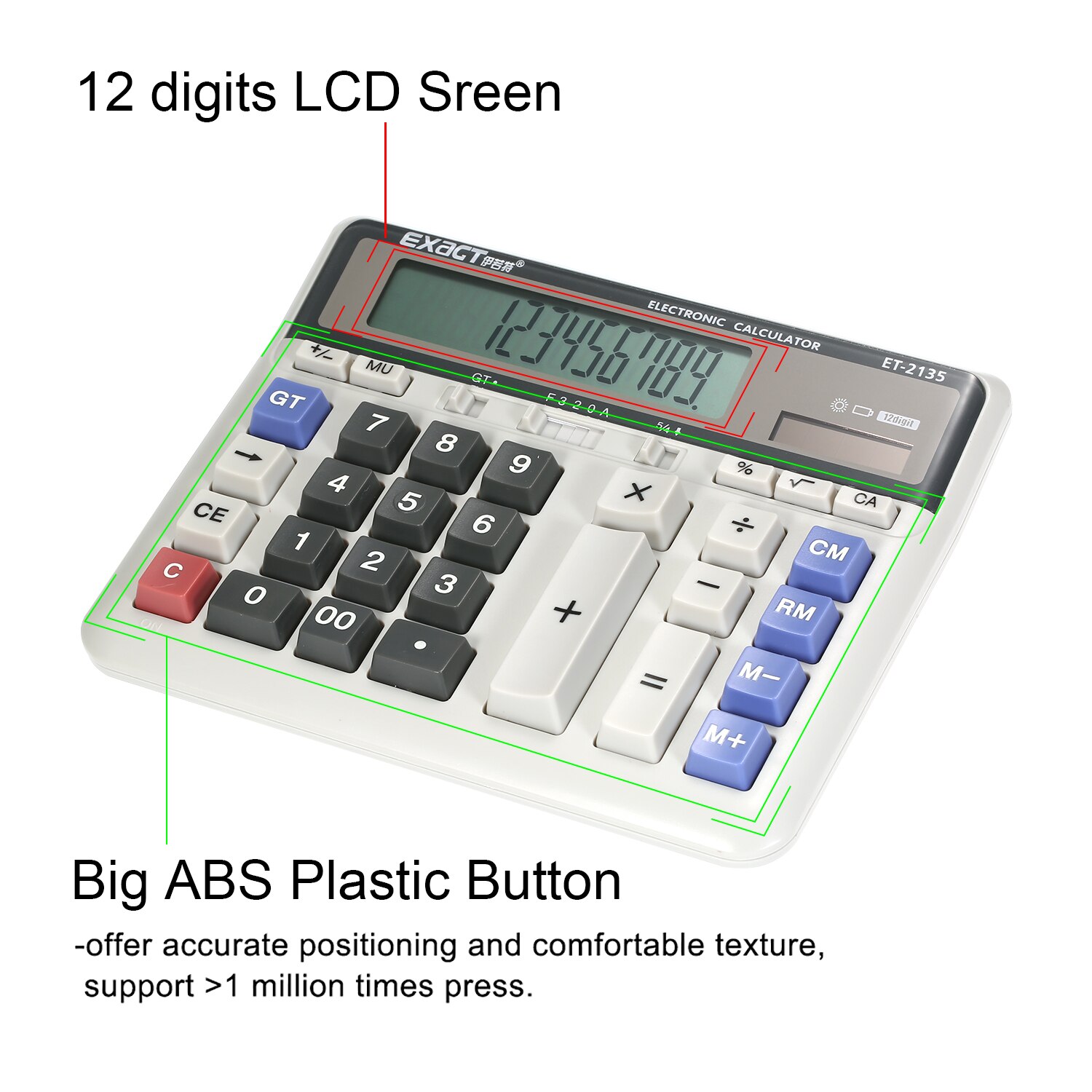 Large Computer Electronic Calculator Counter Solar & Battery Power 12Digit Display Multi-functional Big Button for Office School