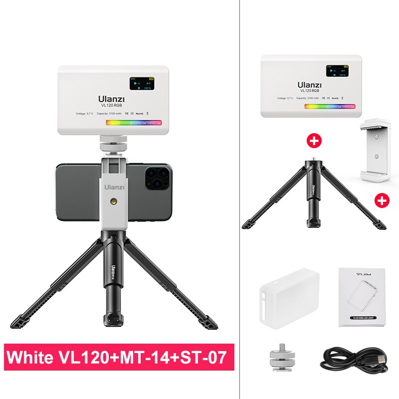 Ulanzi VL120 RGB Compact Video Light with Display Screen Diffuser Mini Camera RGB Light Smartphone Selfie Lighting 3100mAh: White Mount