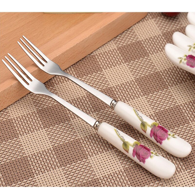Vacclo rustfrit stål frugt måne-kage gafler rose keramisk håndtag salat dessert sød gaffel elegance husholdnings køkken servise