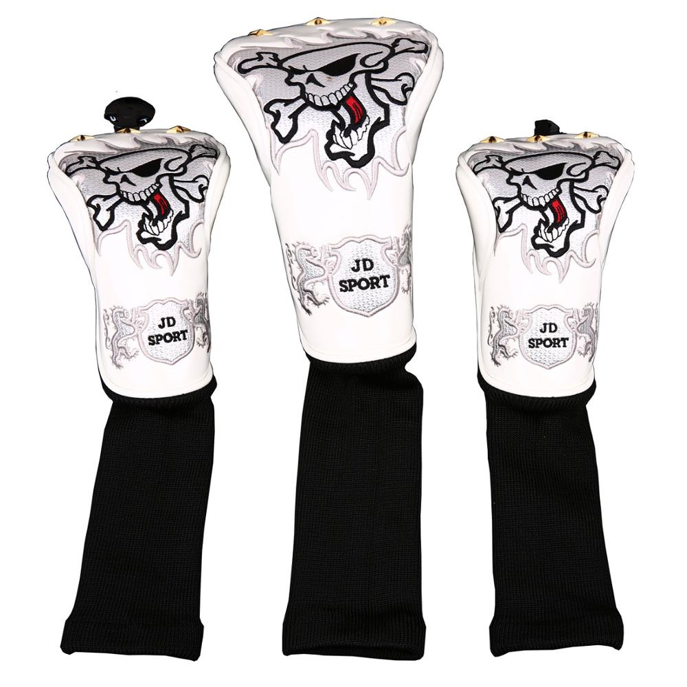 3 stuks golfclub driver fairway houten headcover pu leer met schedelpatroon headcover zonder label 3 5 7 x