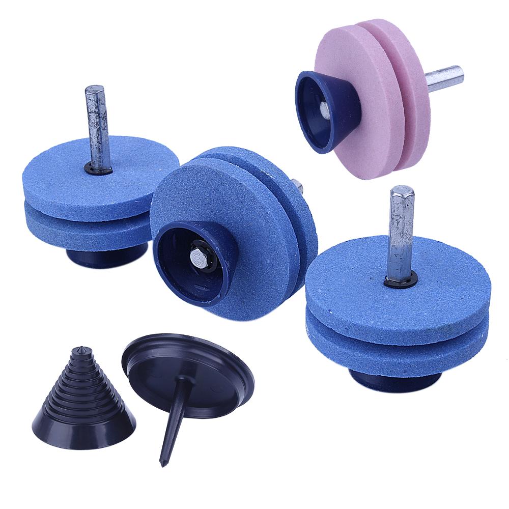 Cortadora de césped de doble capa, afilador de cuchillas para taladro con balancador de cuchillas para taladro eléctrico, 4 Uds.