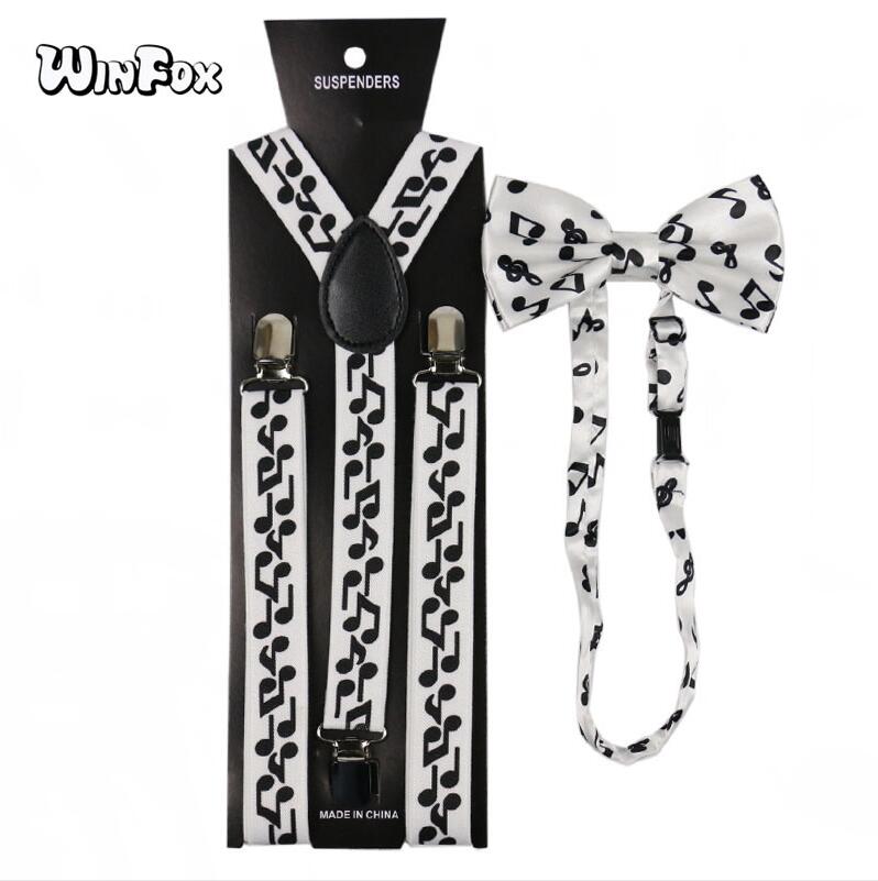 Winfox Vintage Zwart Wit 2.5 cm Brede Bretels Vlinderdas Set Vrouwen Mannen Music Note Bretels Bowtie Brace: 02