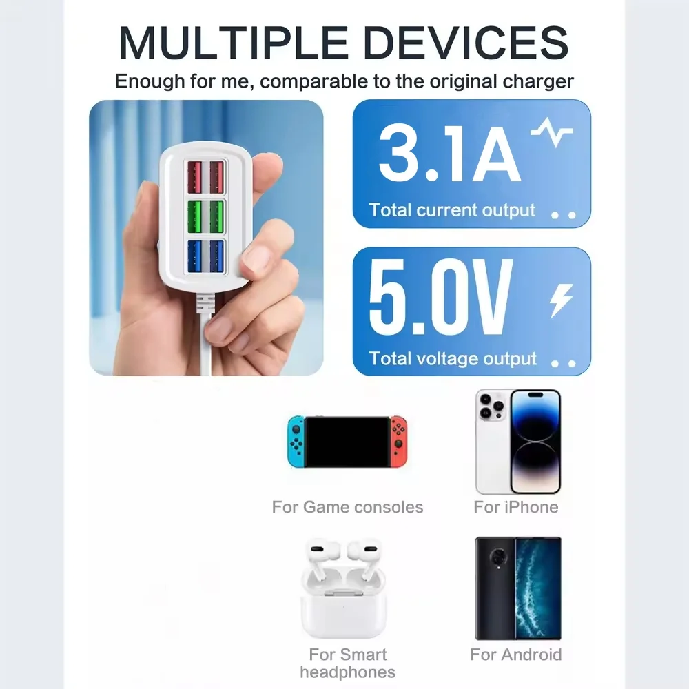 6 chargeur USB multiprise universelle charge rapide prise US/EU chargeur de téléphone prise adaptateur d'extension câble électrique prise de Table