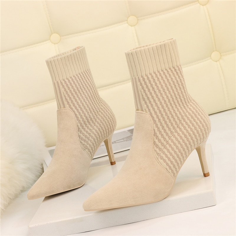 Vrouwen Laarzen Wees Teen Garen Elastische 7Cm Dunne Hoge Hakken Sok Laarzen Beige Vrouwelijke Breien Enkel laarzen Big Size Schoen