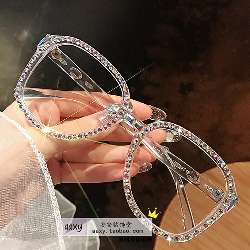 Blue Light Glasses Prescription Eyeglasses Square Oversized Rhinestone Eyewear Frame for Women Men: clear