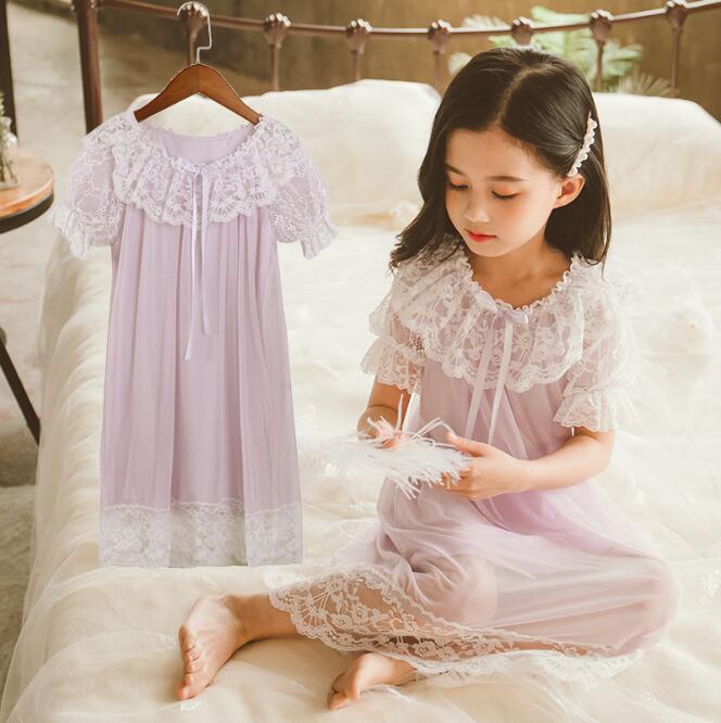Cotton Kids Nightgowns Princess Lace Summer Girls Ruffles Sweet Style Nightgowns Baby Girl Sleepwear 4 6 8 10 12 14Year