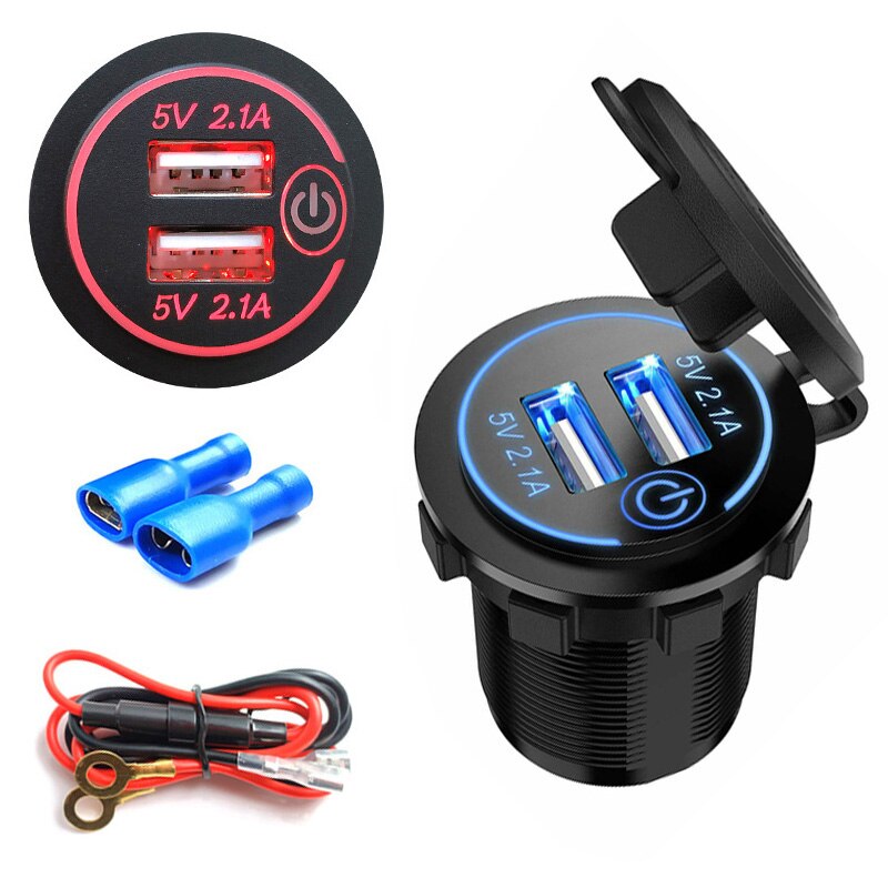 1Set Led Auto Sigarettenaansteker Dual Usb Charger 12V-24V Auto Boot Motorfiets Sigarettenaansteker Stopcontacten power Plug Outlet: Rood